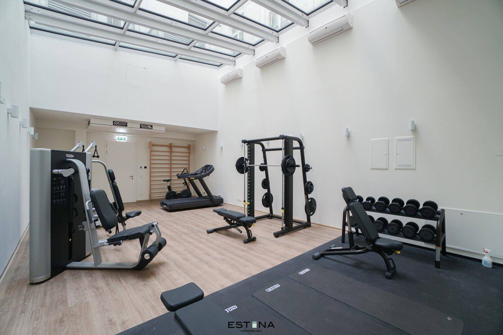Moderner Fitnessraum mit verschiedenen Geräten, Holzboden und Glasdach für viel Tageslicht.