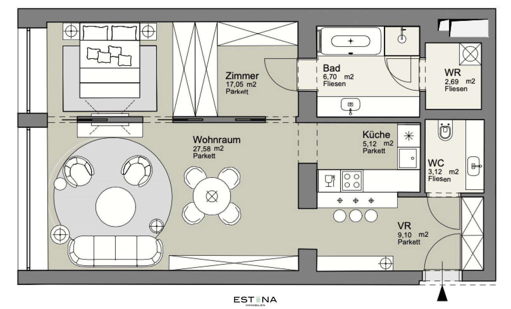 Grundriss einer Wohnung mit offenem Wohnraum, Schlafzimmer, Bad, Küche und separatem WC.