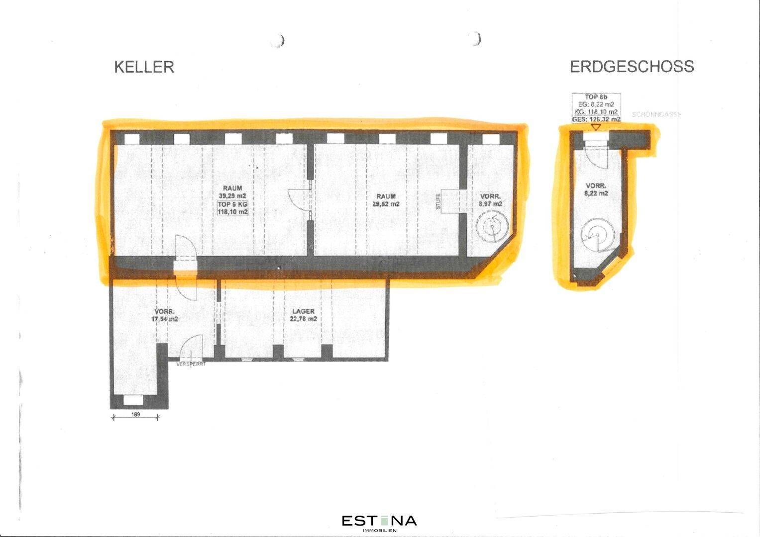 Grundriss des Kellers und Erdgeschosses mit verschiedenen Räumen und einem Treppenhaus.