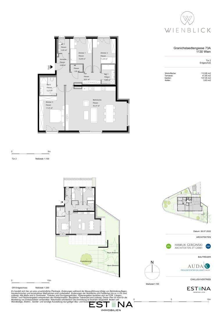 Übersichtlicher Grundriss der Wohnung mit Garten und detaillierten Flächenangaben.