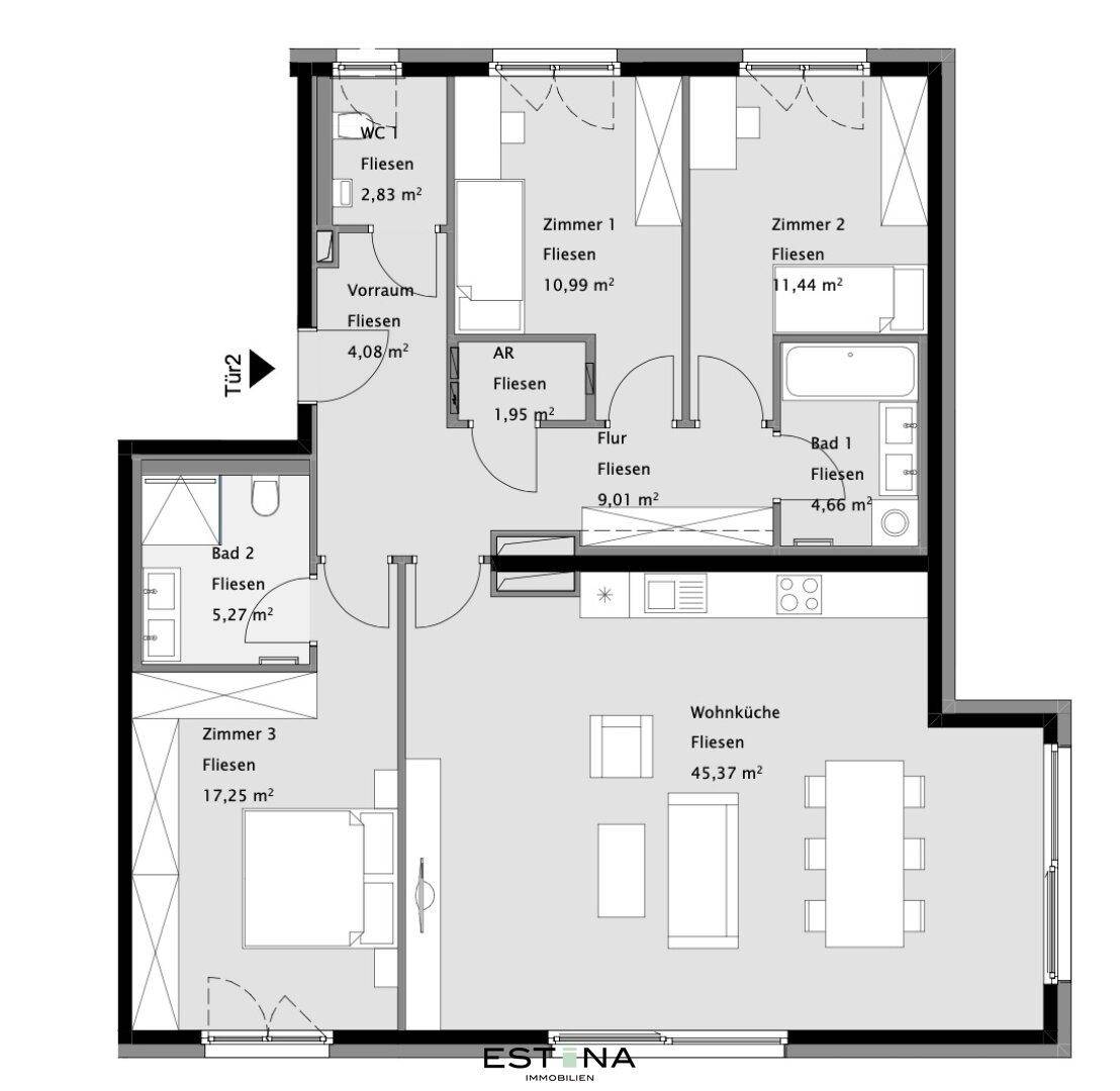 Grundriss der Wohnung mit drei Zimmern, zwei Bädern und offener Wohnküche.