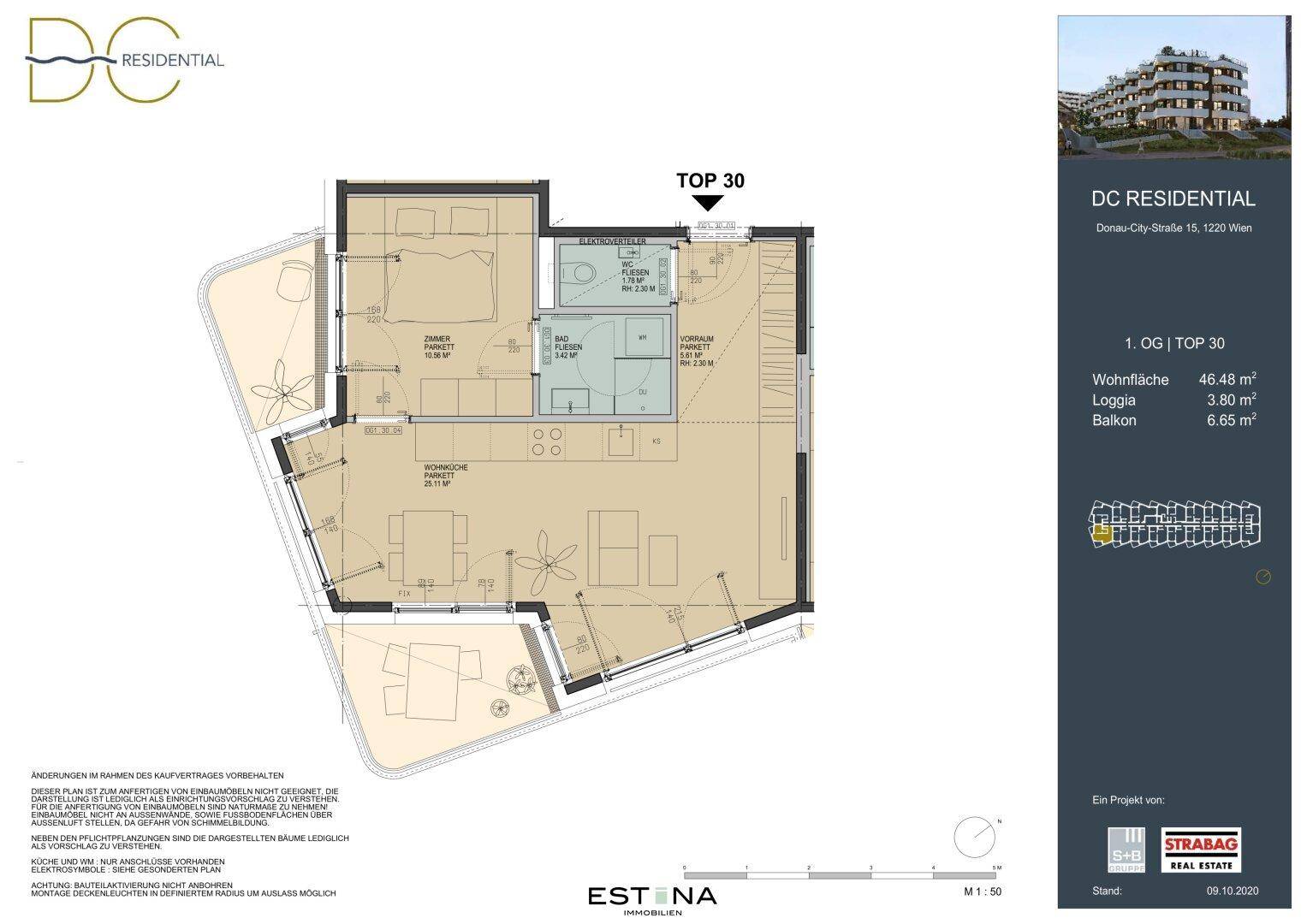 Grundriss der Wohnung TOP 30 mit Wohnfläche, Loggia und Balkon.