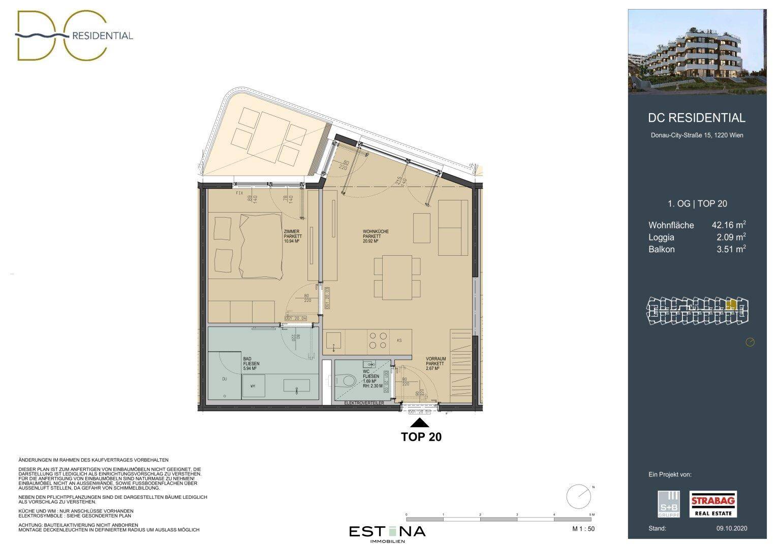 Grundriss einer Wohnung im ersten Obergeschoss mit Loggia und Balkon.