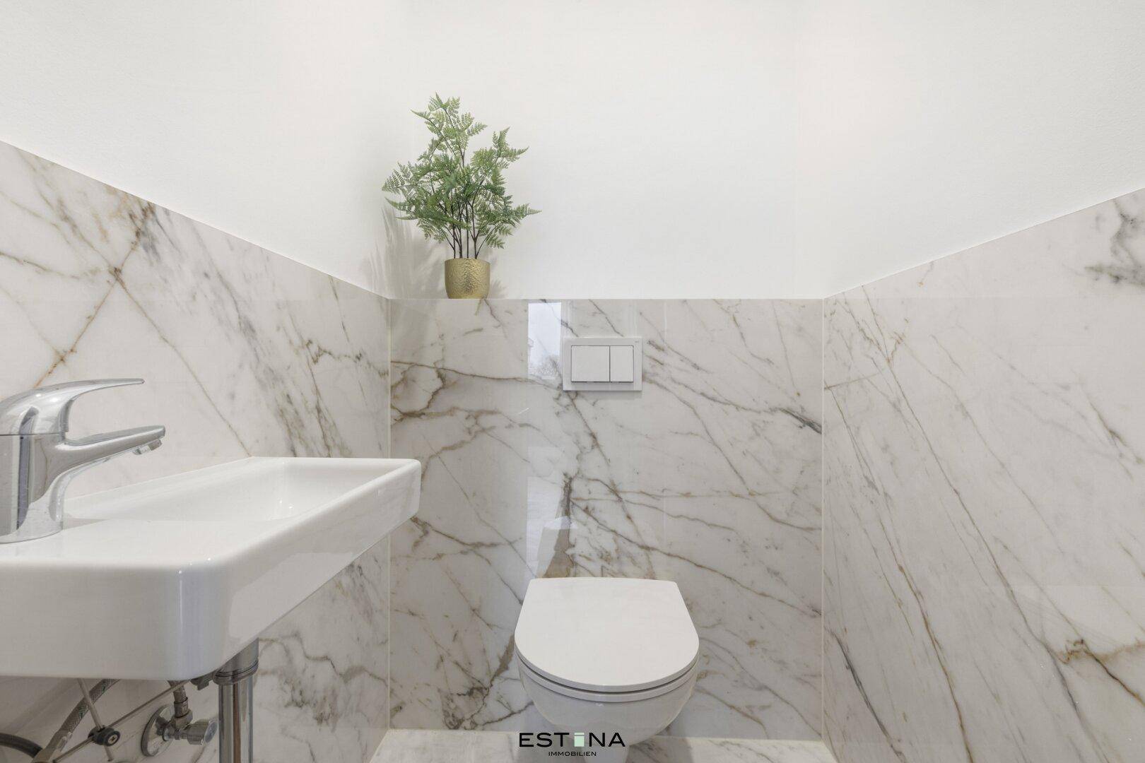 Separates Gäste-WC mit Marmorfliesen, wandhängendem WC und kleinem Waschbecken.