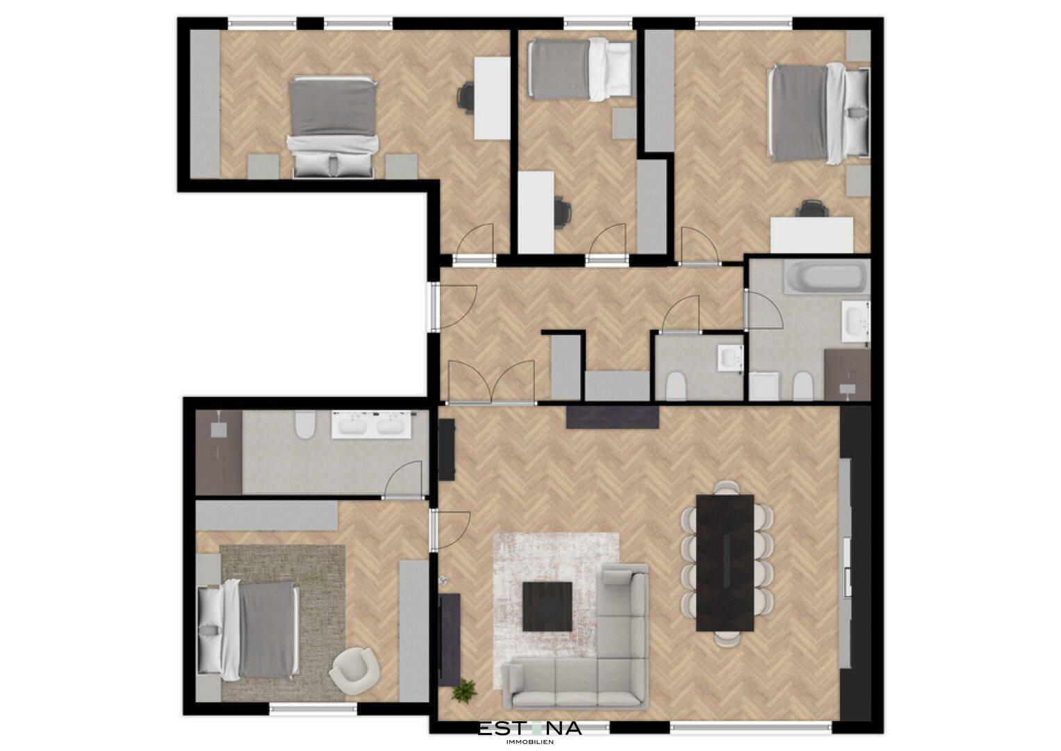 Grundriss der Wohnung mit mehreren Schlafzimmern, Bädern und offenem Wohnbereich.
