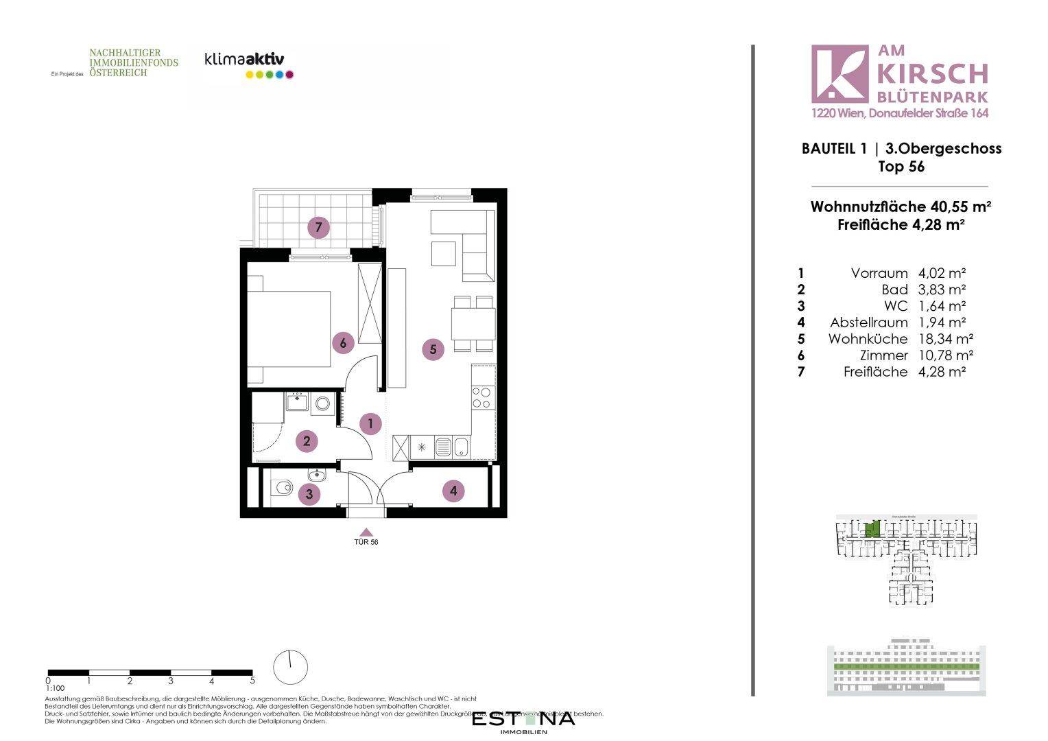 Grundriss einer Wohnung mit 40,55 m² Wohnfläche, Balkon und separatem WC.