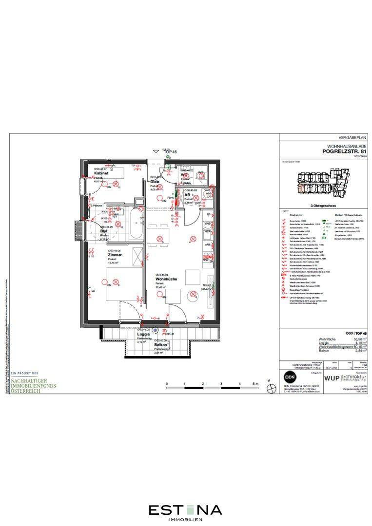 Detaillierter Grundriss einer Wohnung mit zwei Schlafzimmern, Bad, Loggia und Balkon.