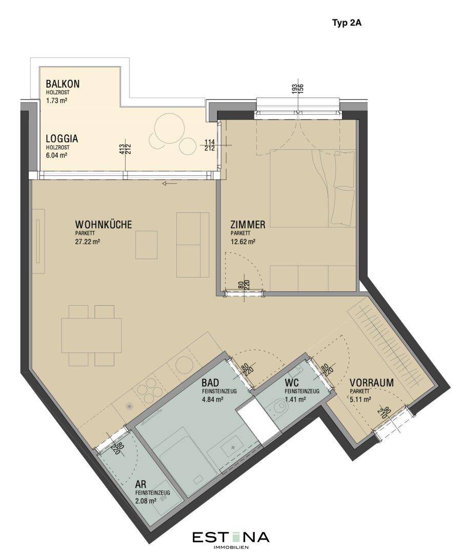 Grundriss des Typs 2A mit Wohnküche, Schlafzimmer, Bad, WC, Vorraum, Loggia und Balkon für komfortables Wohnen.