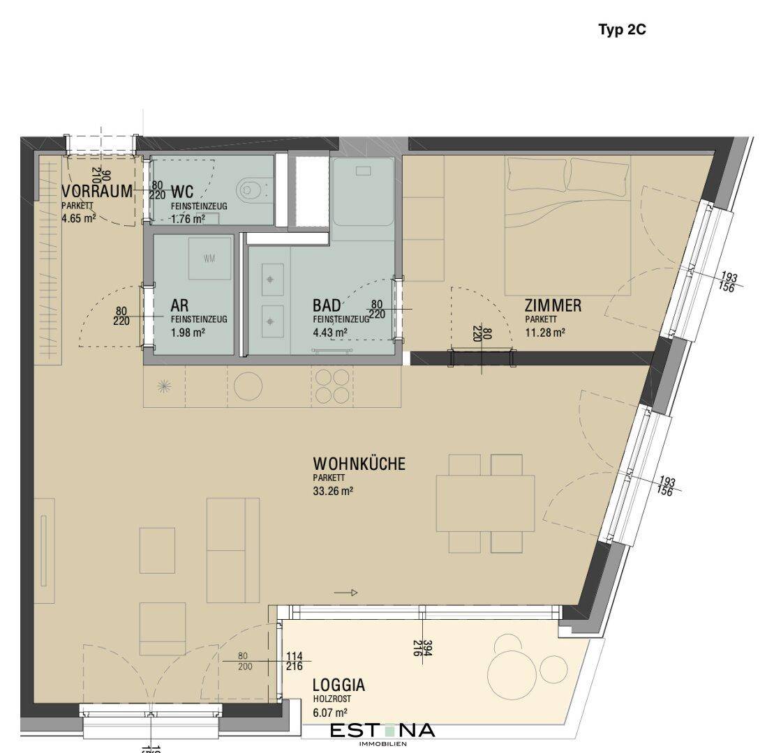 Grundriss des Typs 2C mit großer Wohnküche, Schlafzimmer, Bad, WC, Abstellraum und Loggia für geräumiges Wohnen.