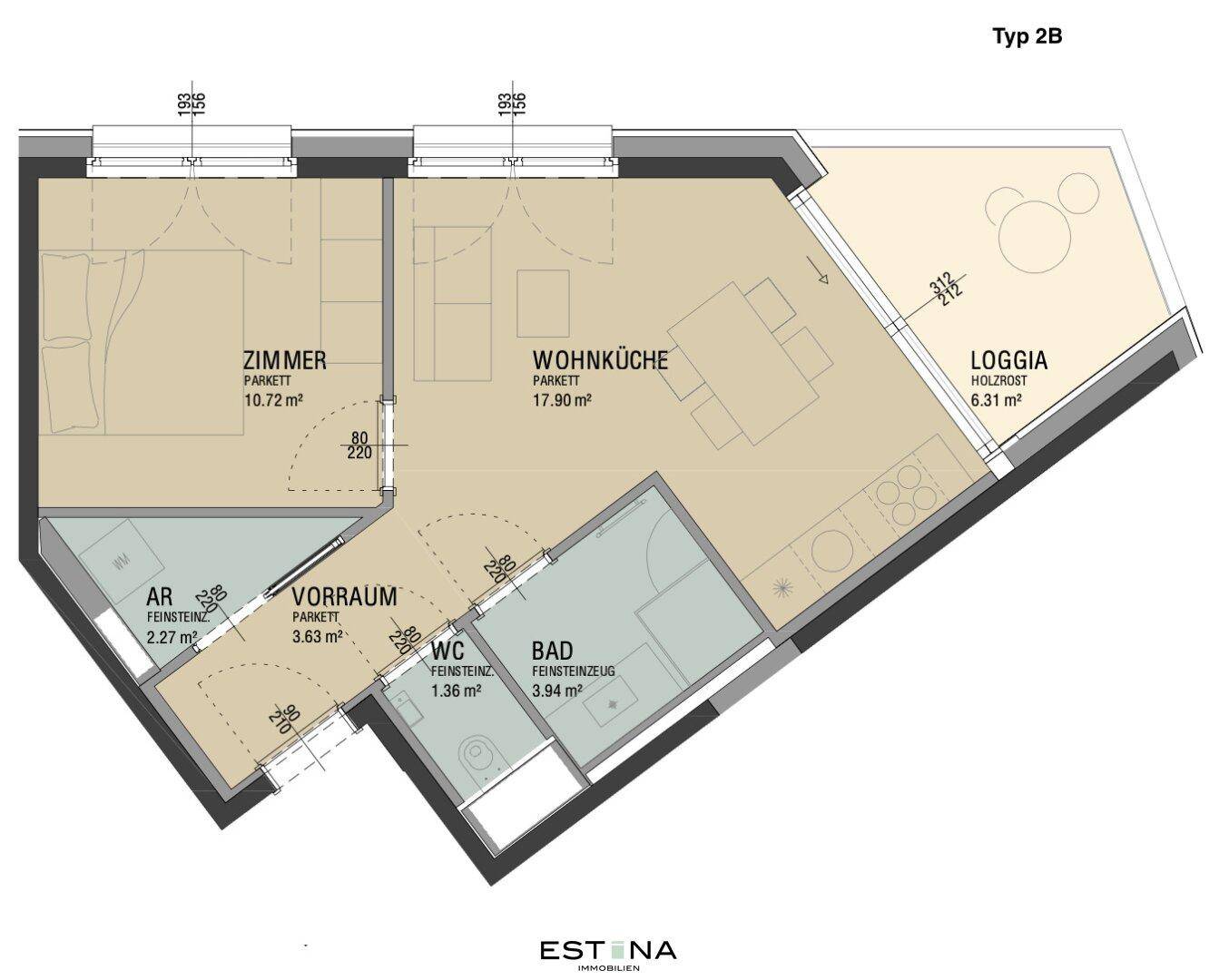 Grundriss des Typs 2B mit Wohnküche, Schlafzimmer, Bad, WC, Vorraum, Abstellraum und Loggia für effiziente Raumnutzung.