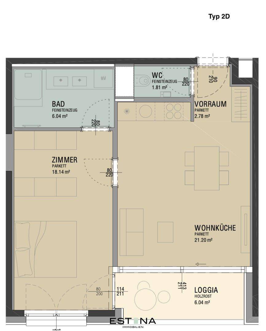 Grundriss des Typs 2D mit Wohnküche, Schlafzimmer, Bad, WC, Vorraum und Loggia für eine praktische Raumaufteilung.