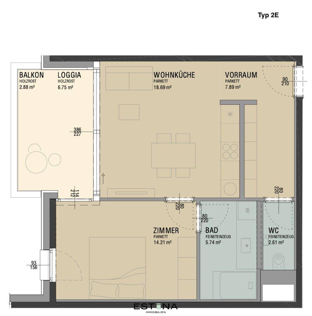 Grundriss des Typs 2E mit Wohnküche, Schlafzimmer, Bad, WC, Vorraum, Balkon und Loggia für vielseitige Nutzung.