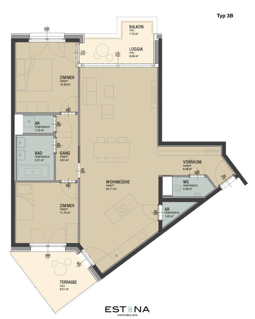 Grundriss des Typs 3B mit zwei Schlafzimmern, großer Wohnküche, Bad, WC, Abstellraum, Balkon und Terrasse.