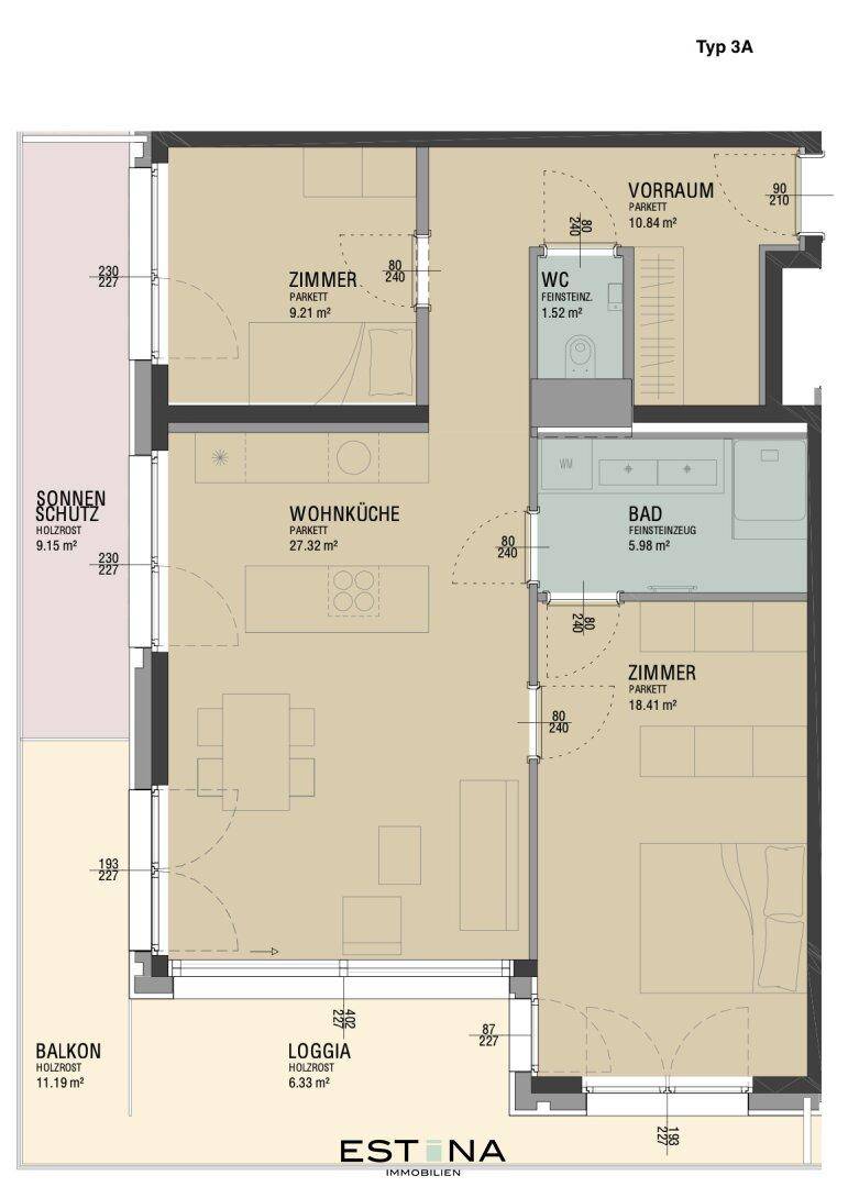 Grundriss des Typs 3A mit zwei Schlafzimmern, Wohnküche, Bad, WC, Vorraum, Balkon und Loggia für Familien.