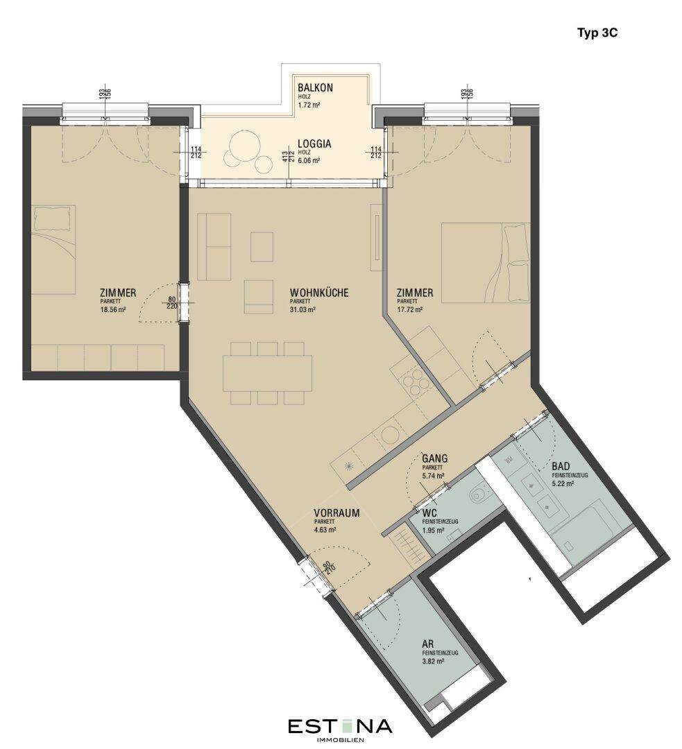 Grundriss des Typs 3C mit zwei Schlafzimmern, Wohnküche, Bad, WC, Abstellraum, Vorraum und Loggia.