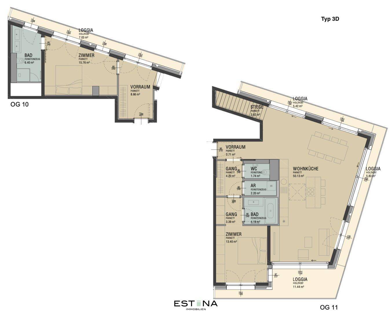 Zweigeschossiger Grundriss des Typs 3D mit Wohnküche, Schlafzimmer, Bad, WC, Vorraum und Loggien.