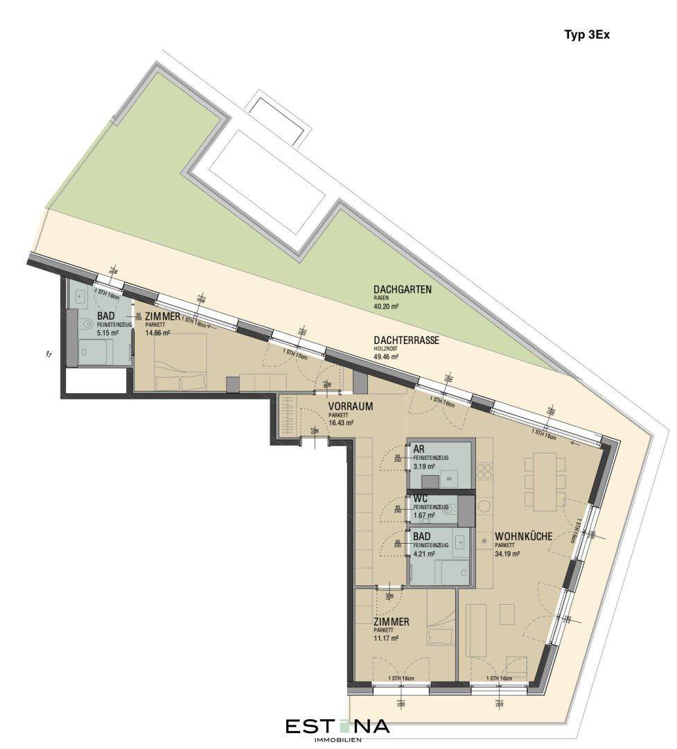 Grundriss des Typs 3Ex mit zwei Schlafzimmern, Wohnküche, Bad, WC, Abstellraum, Dachterrasse und Dachgarten.