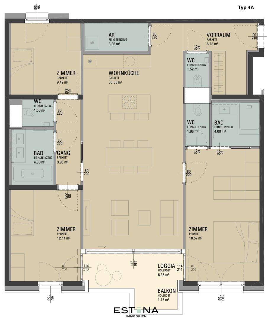 Grundriss des Typs 4A mit drei Schlafzimmern, großer Wohnküche, zwei Bädern, zwei WCs, Abstellraum, Balkon und Loggia.