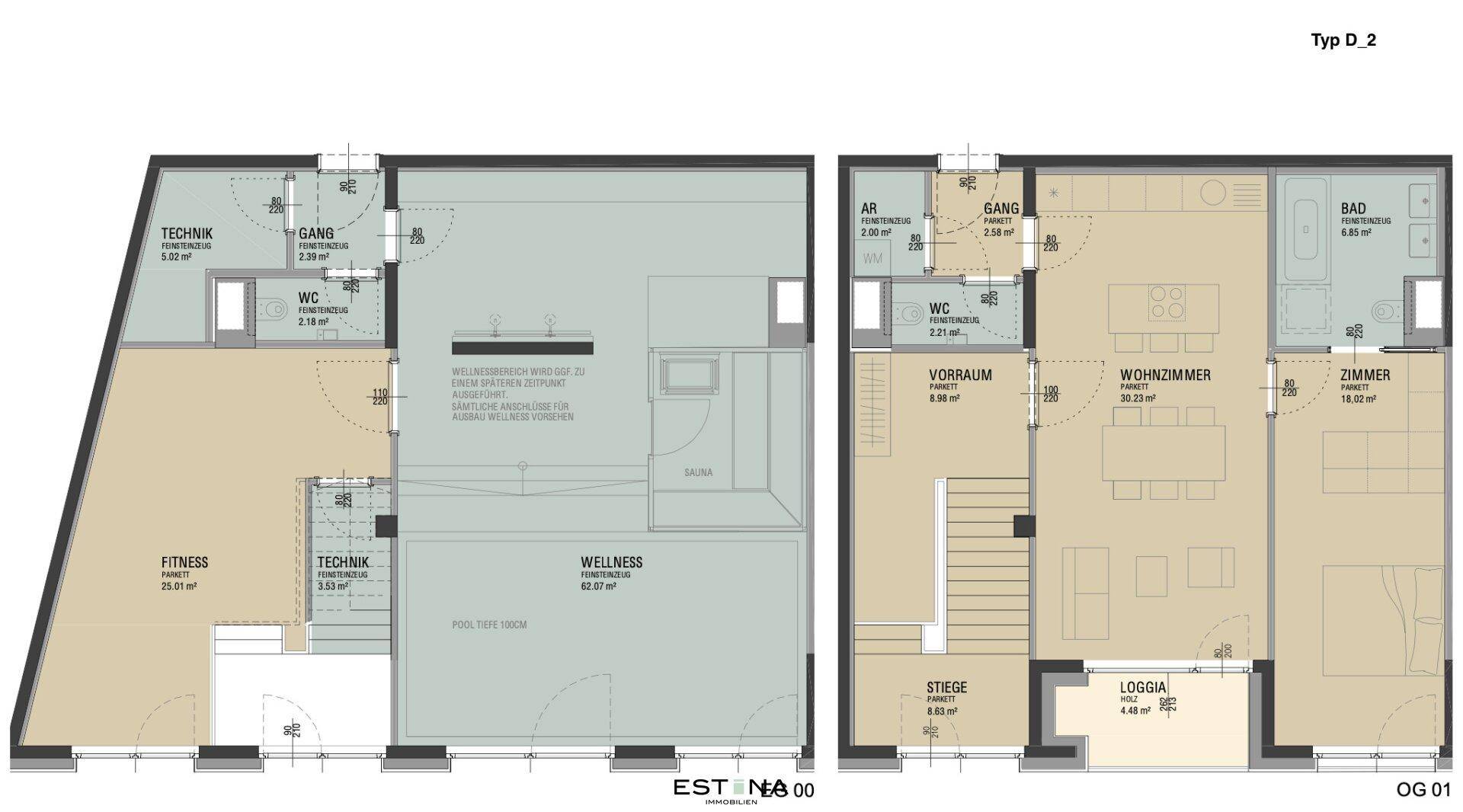 Zweigeschossiger Grundriss des Typs D2 mit Wohnzimmer, Schlafzimmer, Bad, WC, Fitness- und Wellnessbereich.