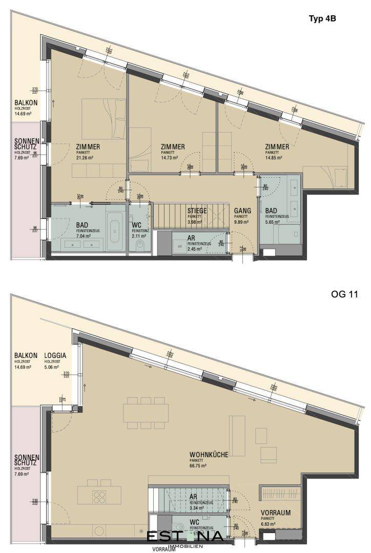 Zweigeschossiger Grundriss des Typs 4B mit drei Schlafzimmern, Wohnküche, Bad, WC, Abstellraum, Balkon und Loggia.