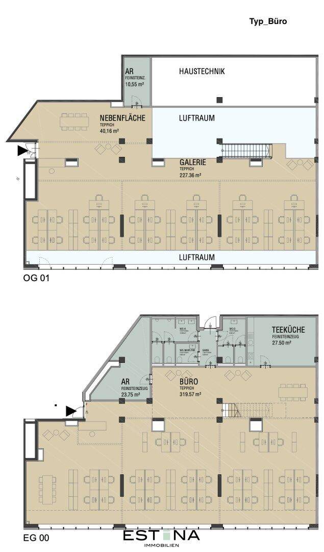 Zweigeschossiger Büro-Grundriss mit Großraumbüros, Teeküche, Haustechnik und Galerie für moderne Arbeitswelten.