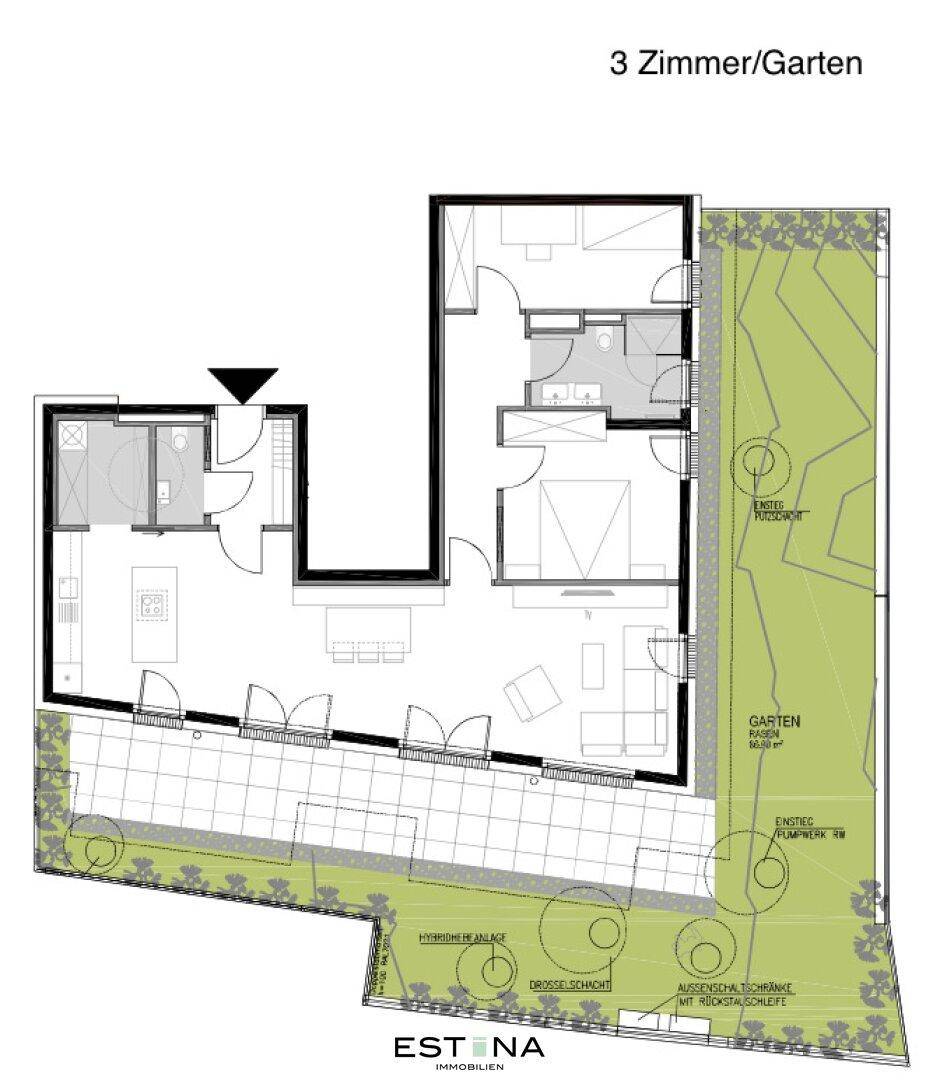 Grundriss einer 3-Zimmer-Wohnung mit großem Gartenbereich und Terrasse.