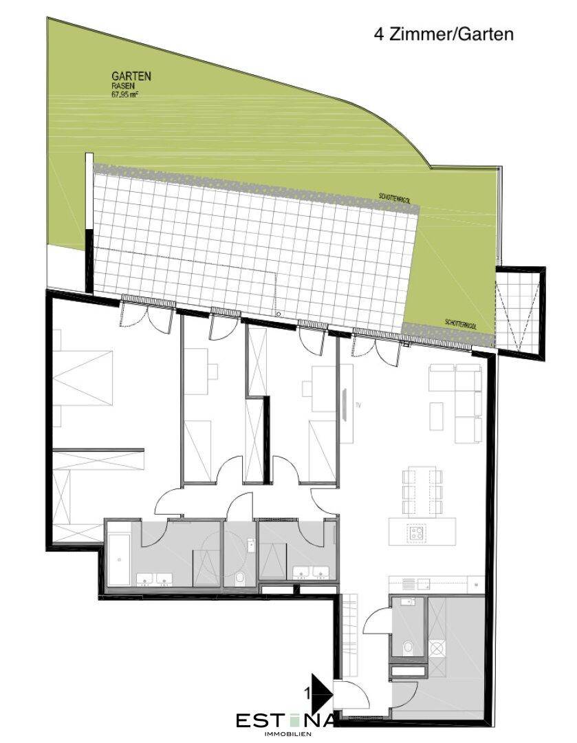 Grundriss einer 4-Zimmer-Wohnung mit großem Gartenbereich und Terrasse.