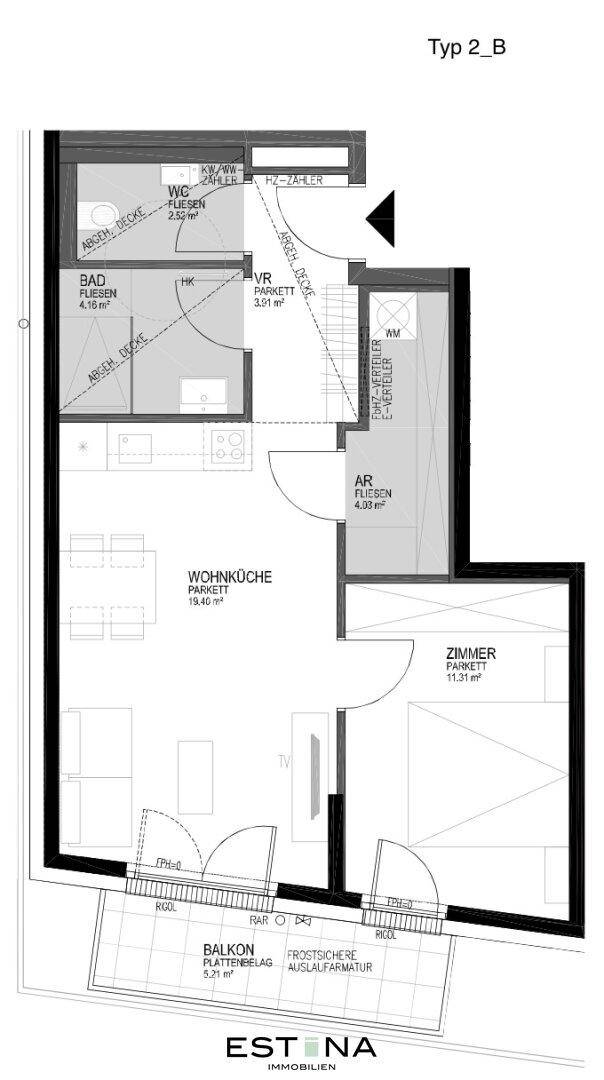 Grundriss Typ 2_B mit Wohnküche, Schlafzimmer, Bad, WC und Balkon.