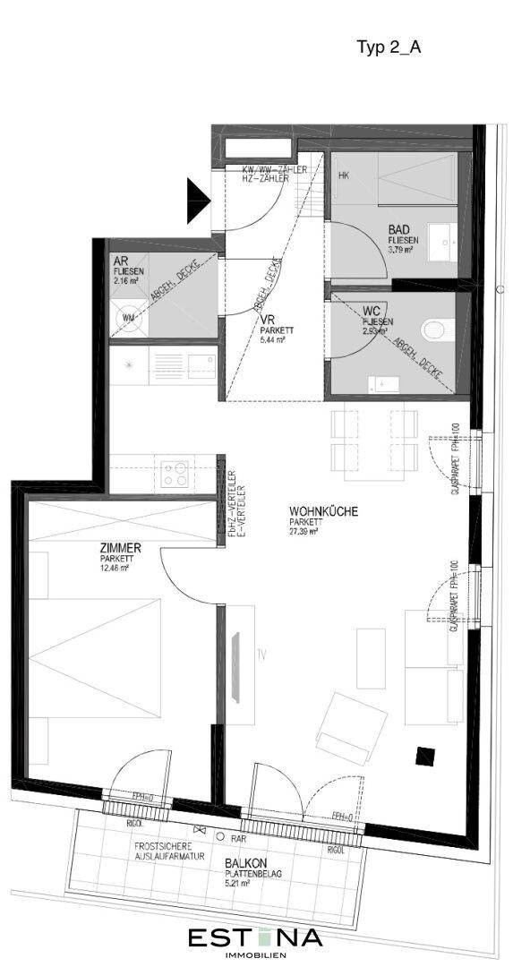 Grundriss Typ 2_A mit Wohnküche, Schlafzimmer, Bad, WC und Balkon.
