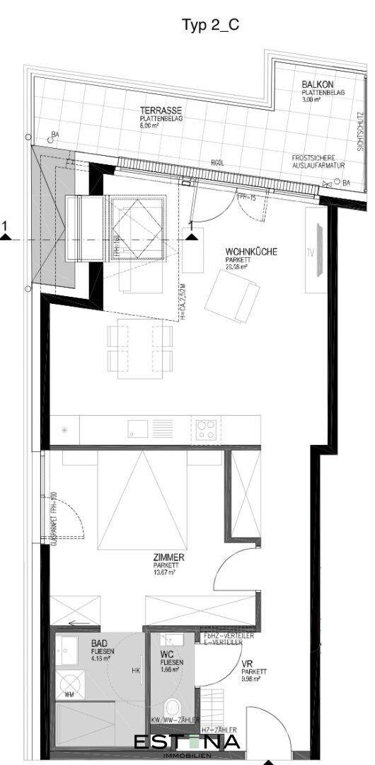 Grundriss Typ 2_C mit Wohnküche, Schlafzimmer, Bad, WC, Terrasse und Balkon.
