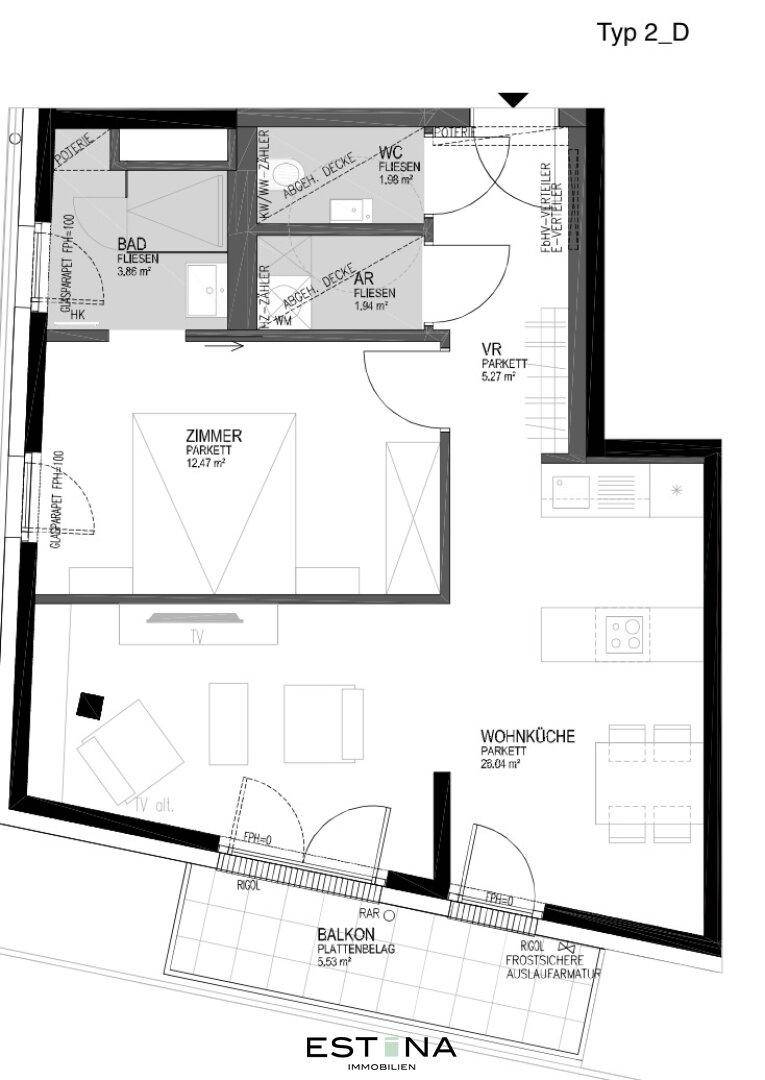 Grundriss Typ 2_D mit Wohnküche, Schlafzimmer, Bad, WC und Balkon.