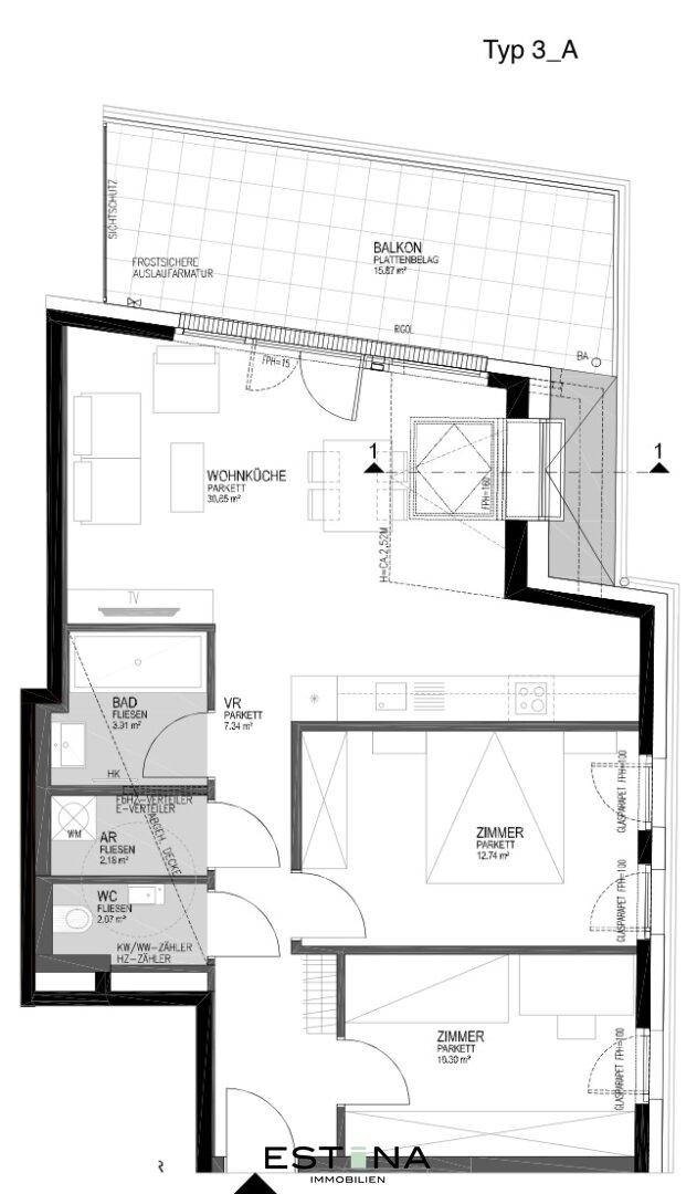 Grundriss Typ 3_A mit Wohnküche, zwei Schlafzimmern, Bad, WC und Balkon.