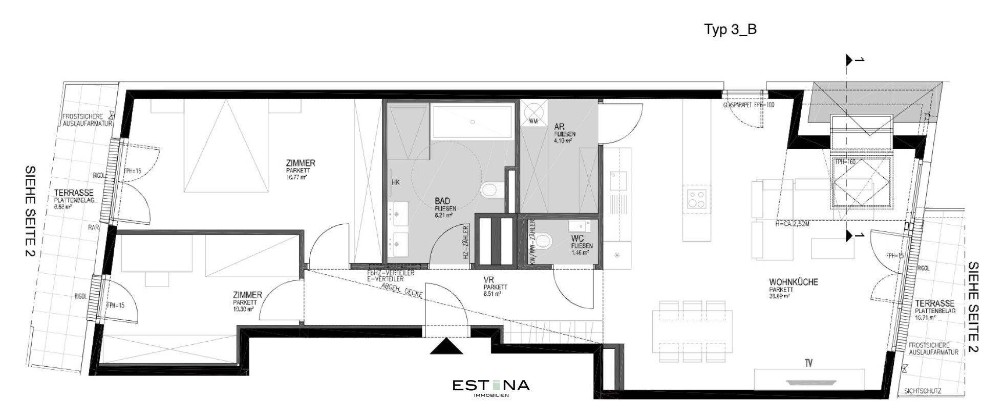 Grundriss Typ 3_B mit Wohnküche, zwei Schlafzimmern, Bad, WC und zwei Terrassen.