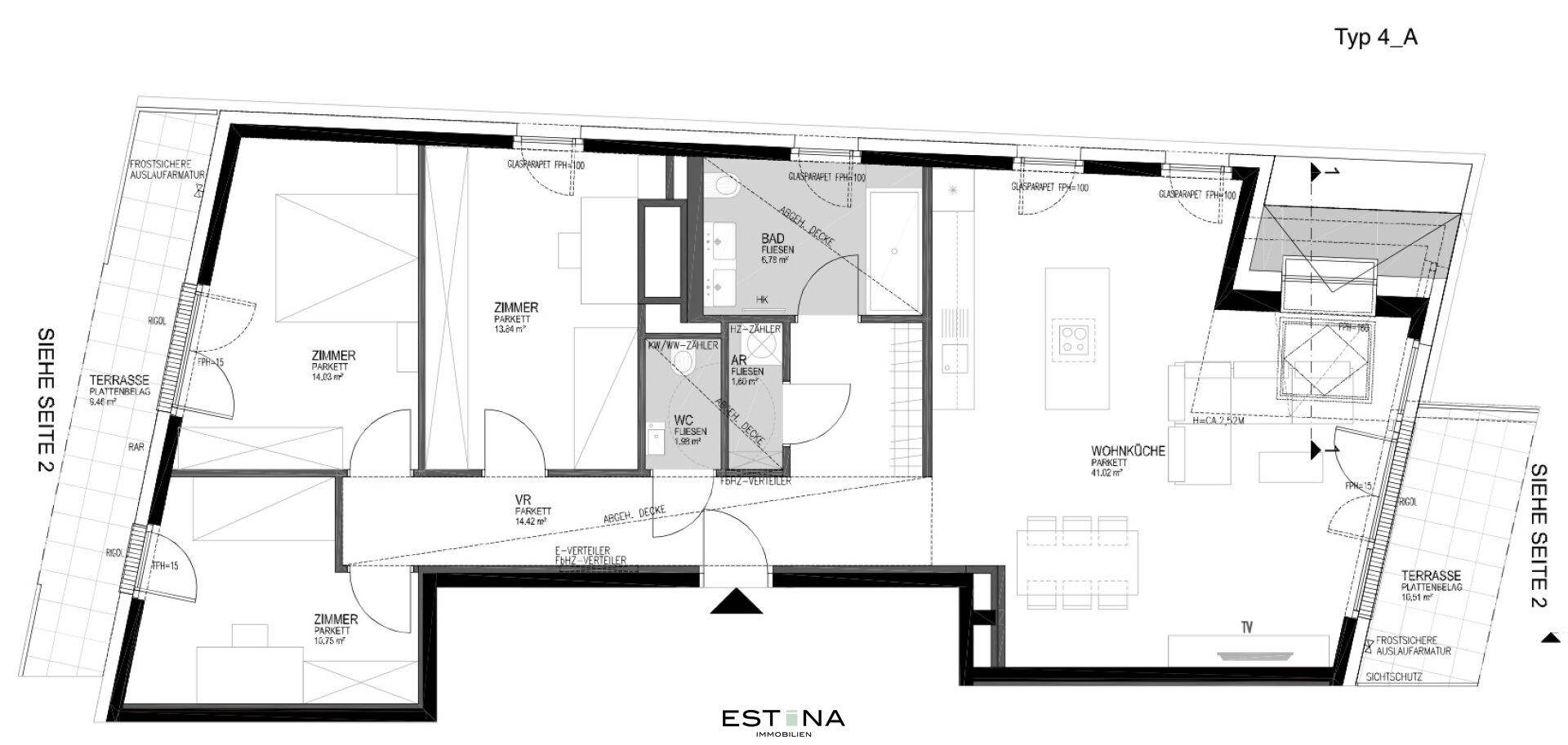 Grundriss Typ 4_A mit Wohnküche, drei Schlafzimmern, Bädern, WC und zwei Terrassen.
