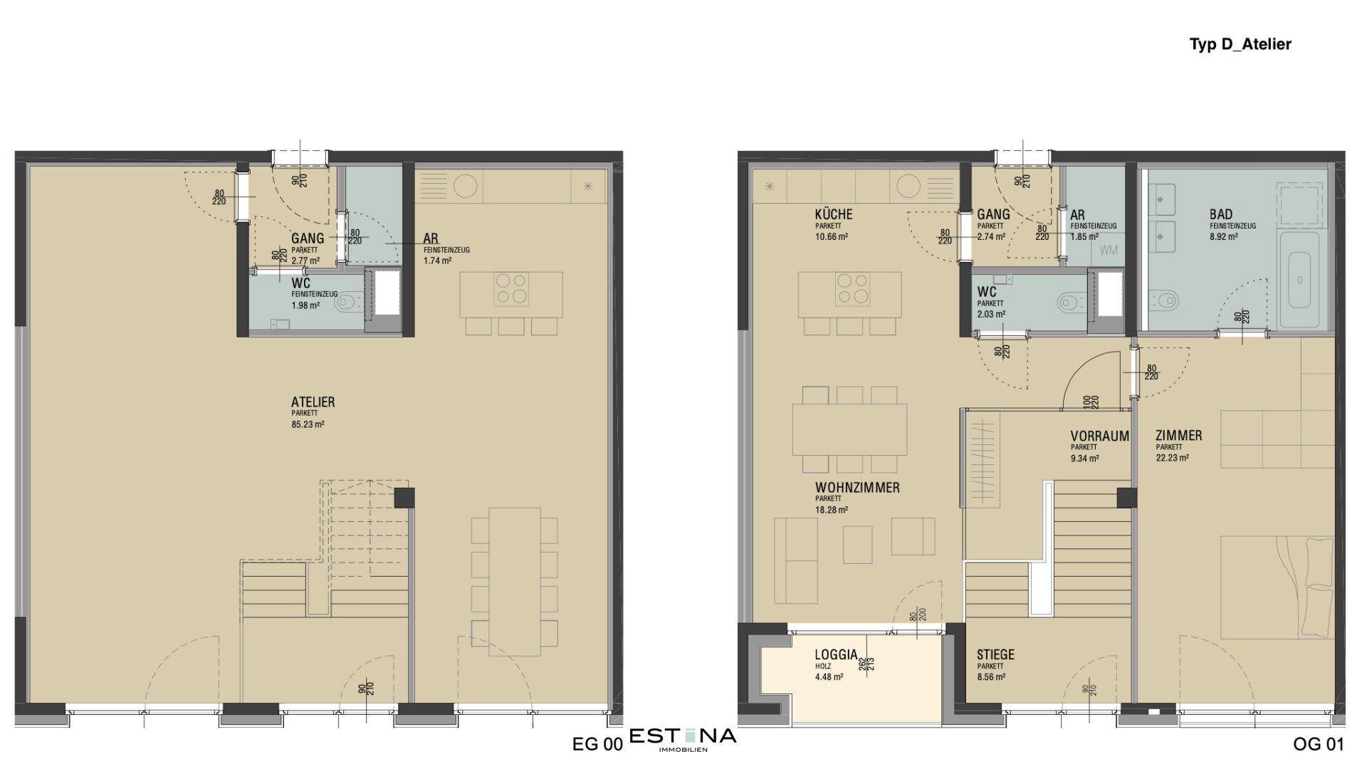 Zweigeschossiger Grundriss des Typs D Atelier mit Atelier, Wohnzimmer, Küche, Schlafzimmer, Bad, WC und Loggia.