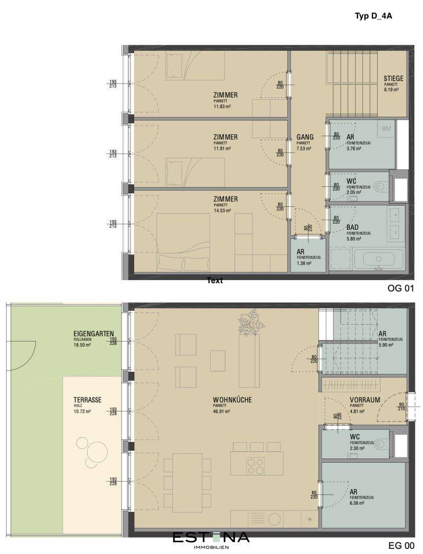 Zweigeschossiger Grundriss des Typs D4A mit drei Schlafzimmern, Wohnküche, Bad, WC, Abstellraum, Terrasse und Eigengarten.