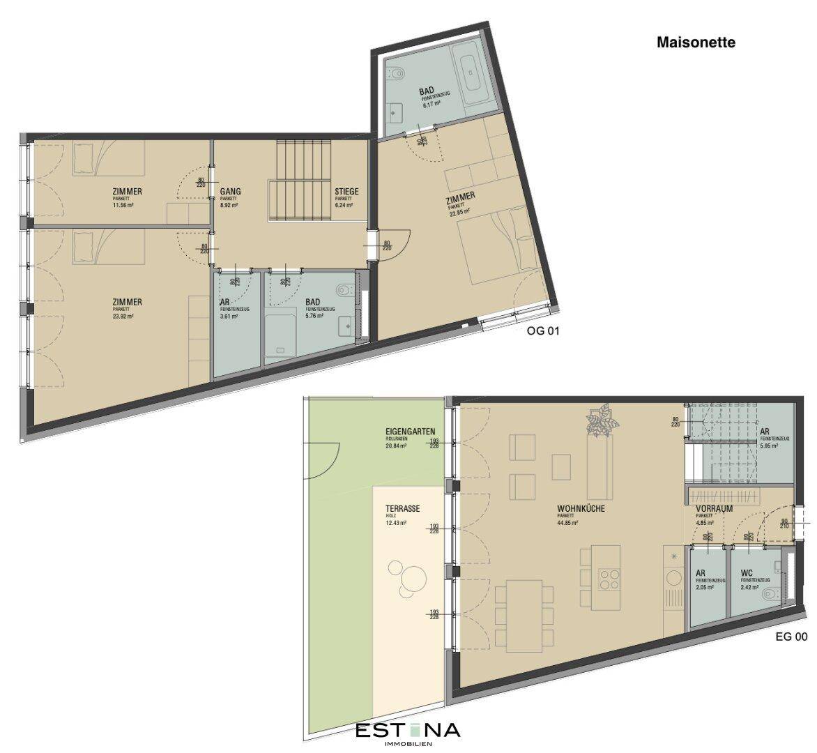 Maisonette-Grundriss mit zwei Schlafzimmern, Wohnküche, Bad, WC, Abstellraum, Terrasse und Eigengarten.