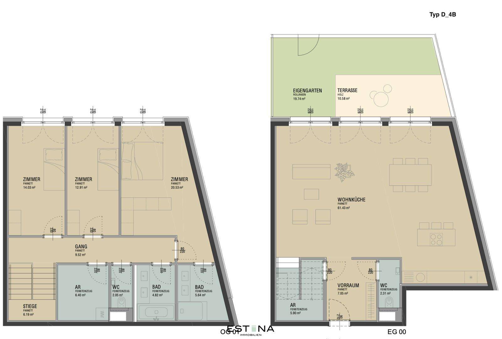 Zweigeschossiger Grundriss des Typs D4B mit drei Schlafzimmern, Wohnküche, zwei Bädern, WC, Abstellraum, Terrasse und Eigengarten.