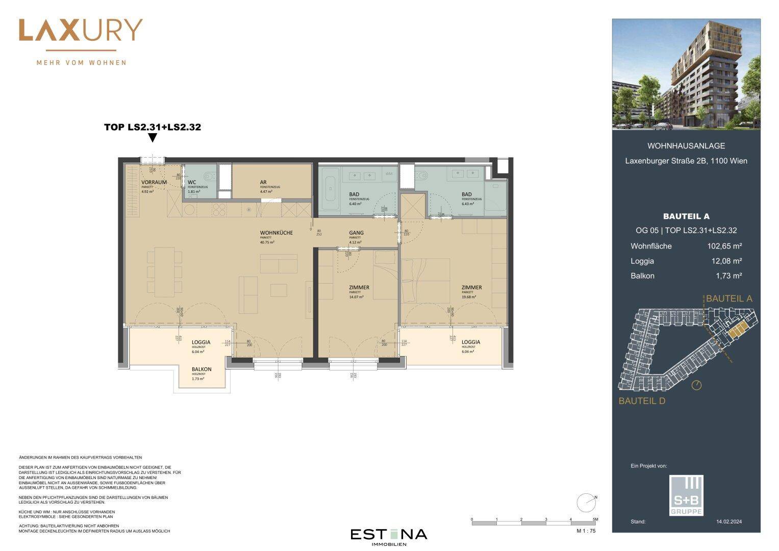 Detaillierter Grundriss einer Wohnung mit Wohnküche, zwei Bädern, Loggia und Balkon.