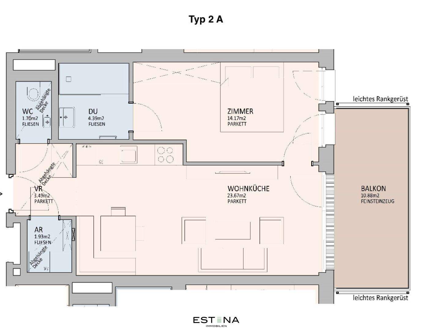 Grundriss Typ 2A mit offener Wohnküche, einem Zimmer und Balkon.