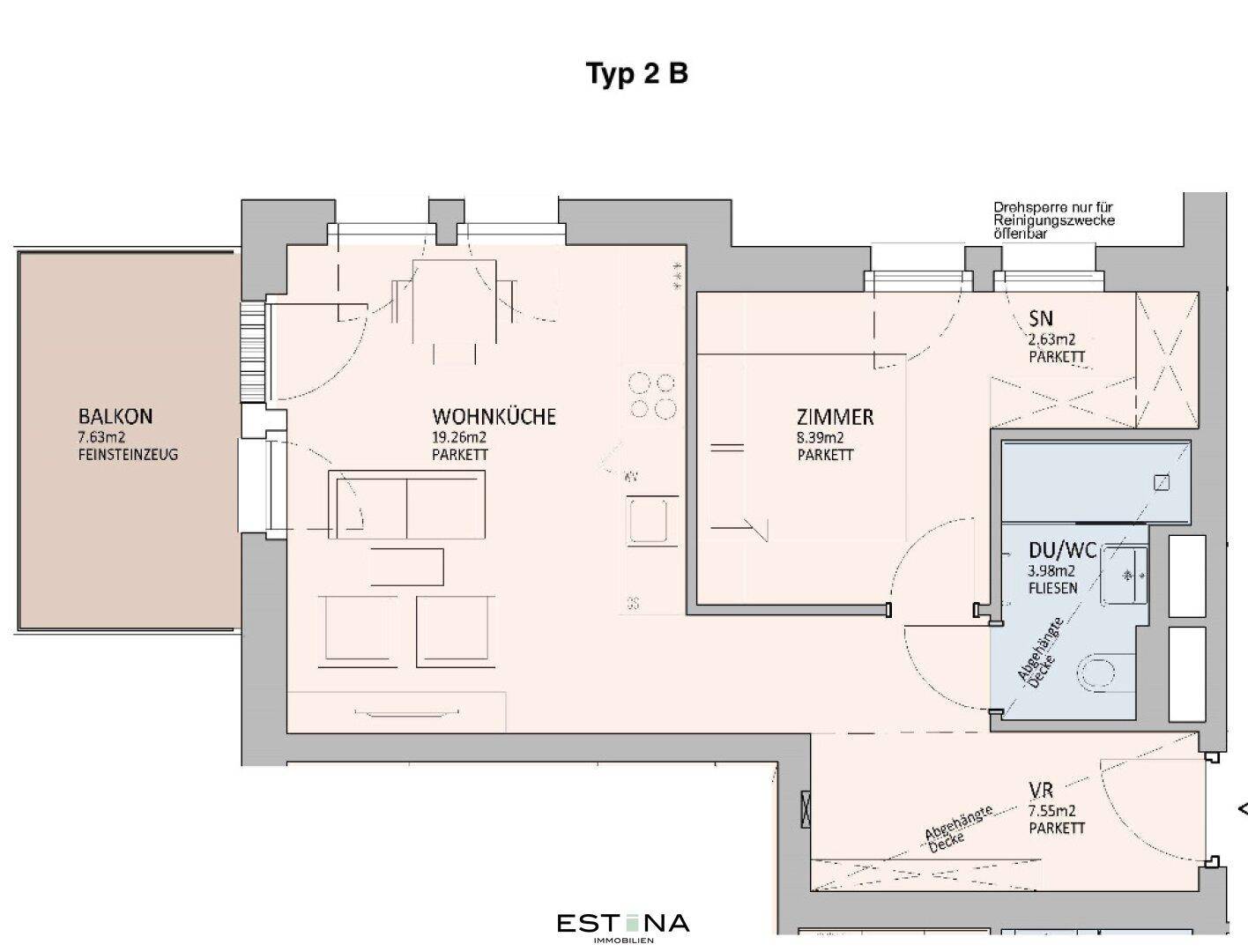 Grundriss Typ 2B mit Wohnküche, einem Zimmer und einem Balkon.