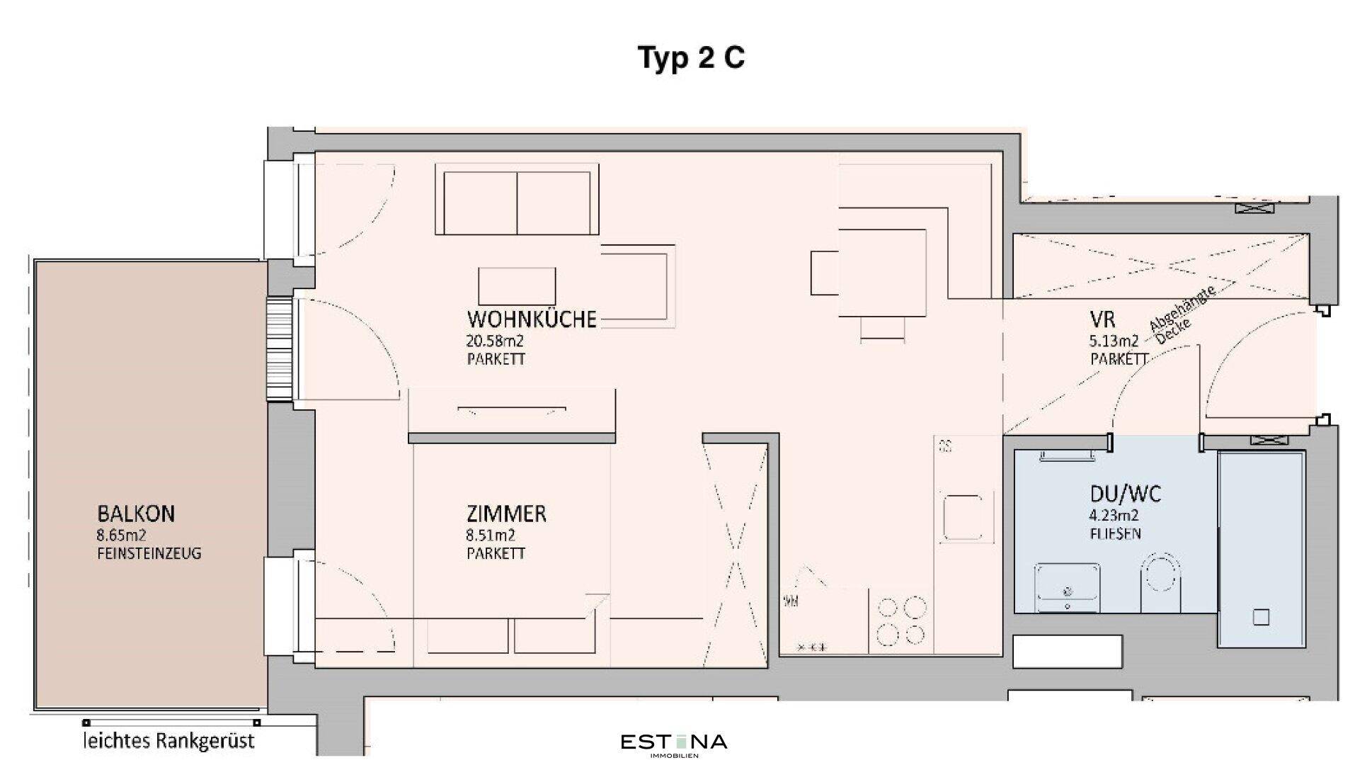 Grundriss Typ 2C mit offener Wohnküche, einem Zimmer und einem Balkon.