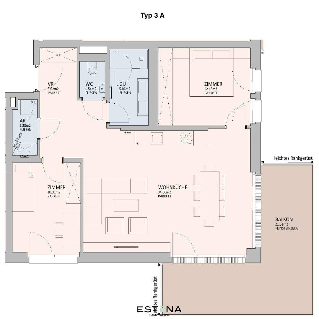 Grundriss Typ 3A mit zwei Zimmern, offener Wohnküche, WC und großem Balkon.