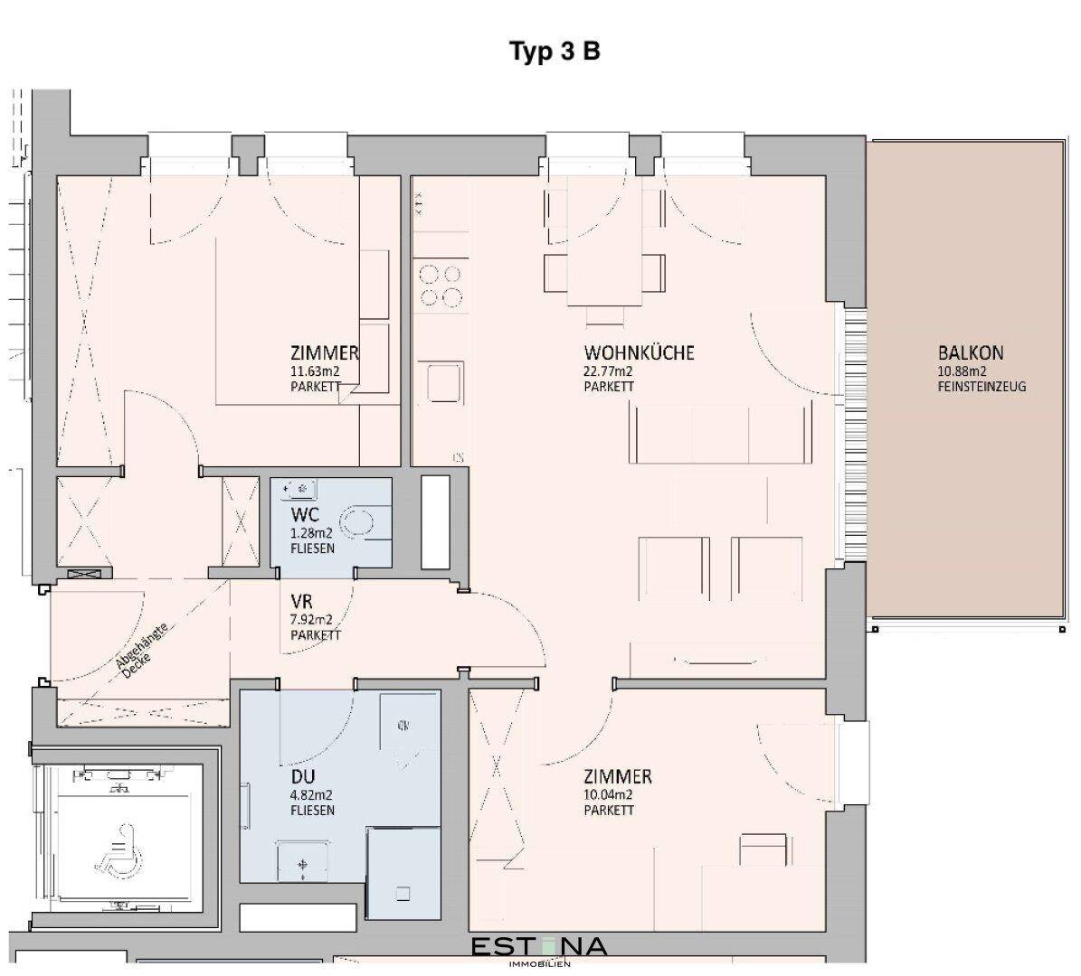 Grundriss Typ 3B mit zwei Zimmern, offener Wohnküche, WC und Balkon.