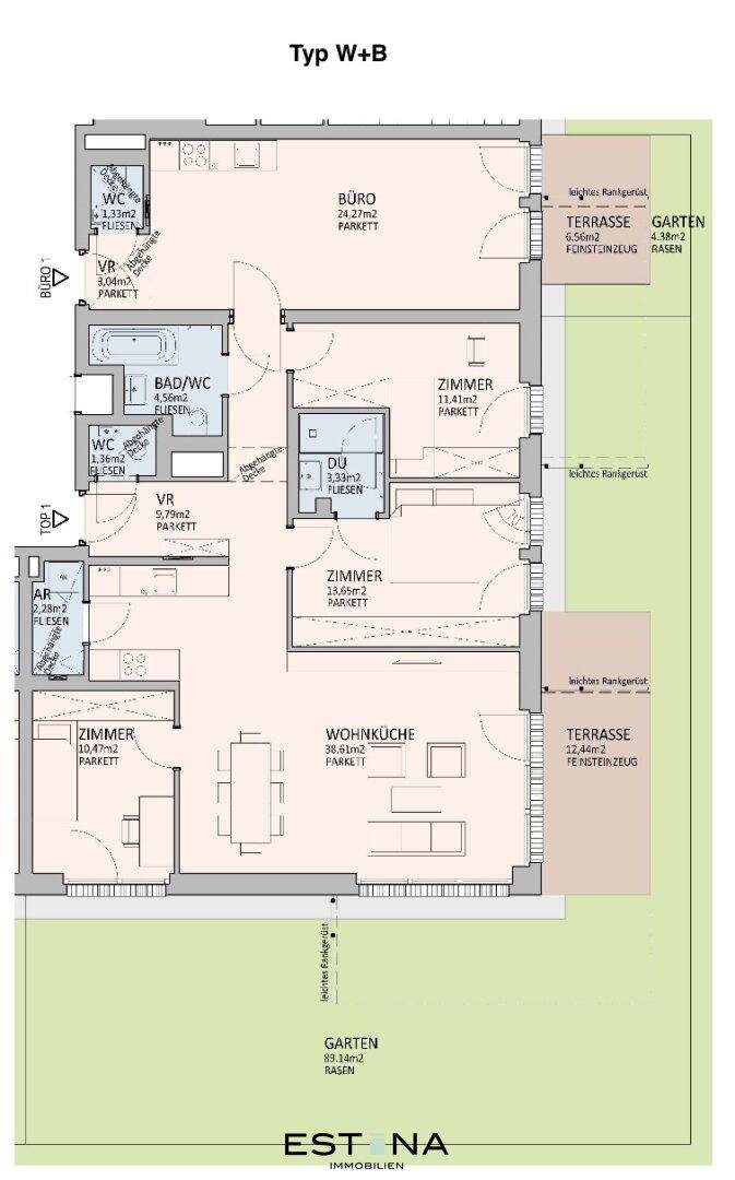 Grundriss Typ W+B mit Büro, mehreren Zimmern, Wohnküche, Terrassen und Garten.