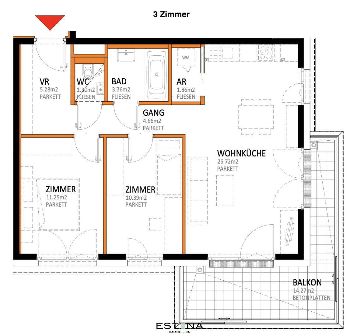 Grundriss einer 3-Zimmer-Wohnung mit großem Balkon und separatem WC.