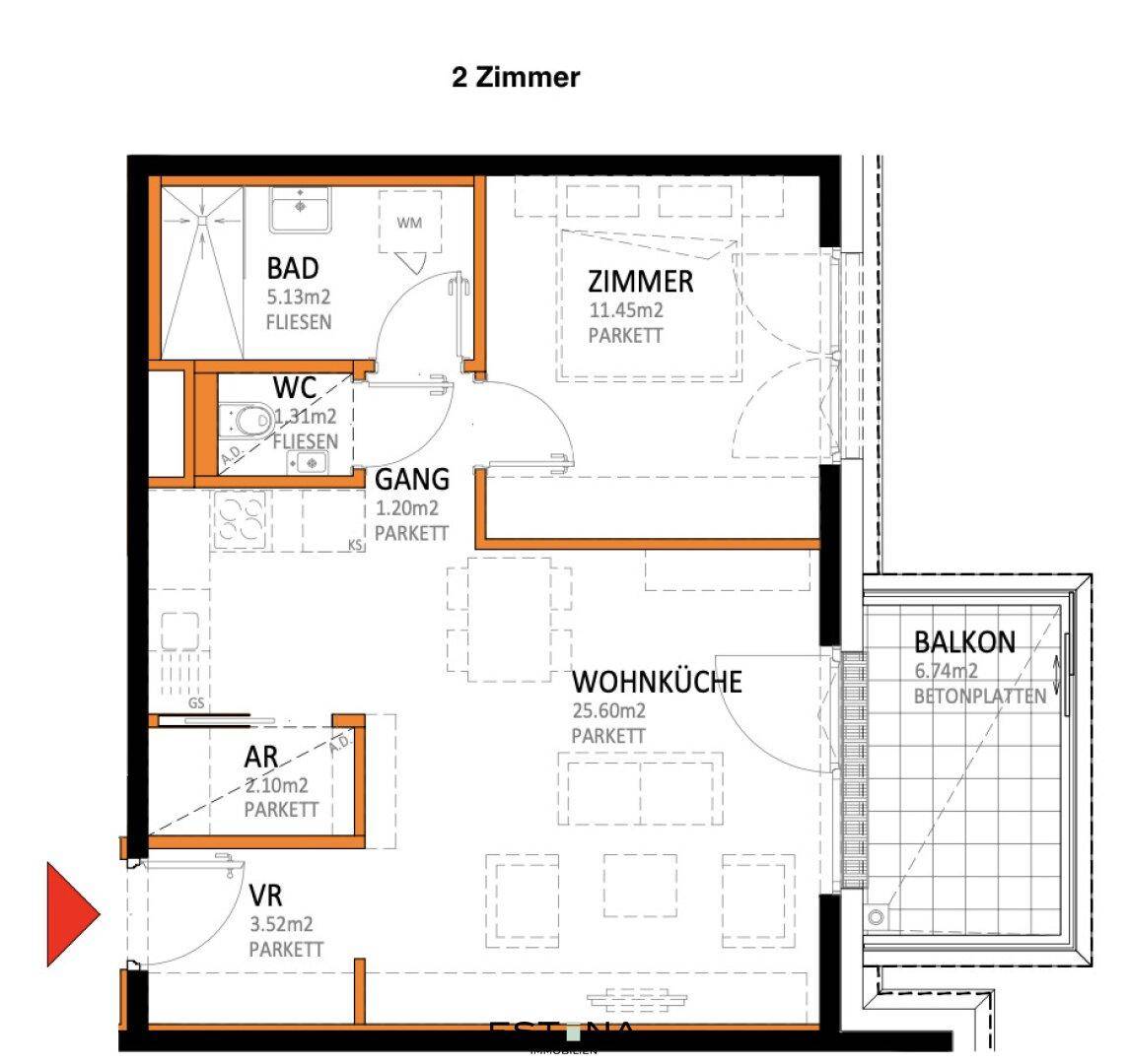 Grundriss einer 2-Zimmer-Wohnung mit offener Wohnküche und Balkon.