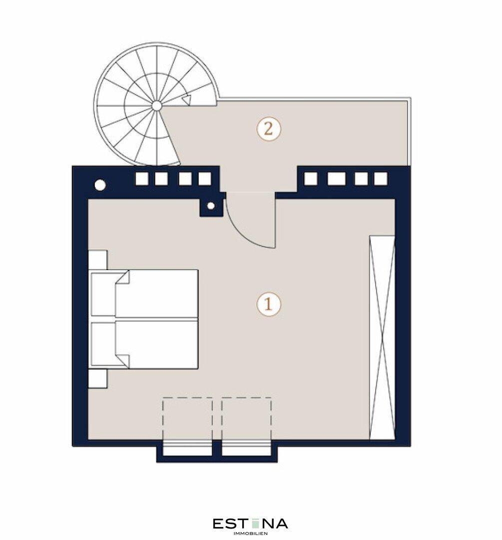 Grundriss der oberen Ebene mit Schlafzimmer, Bad und Zugang zur Wendeltreppe.