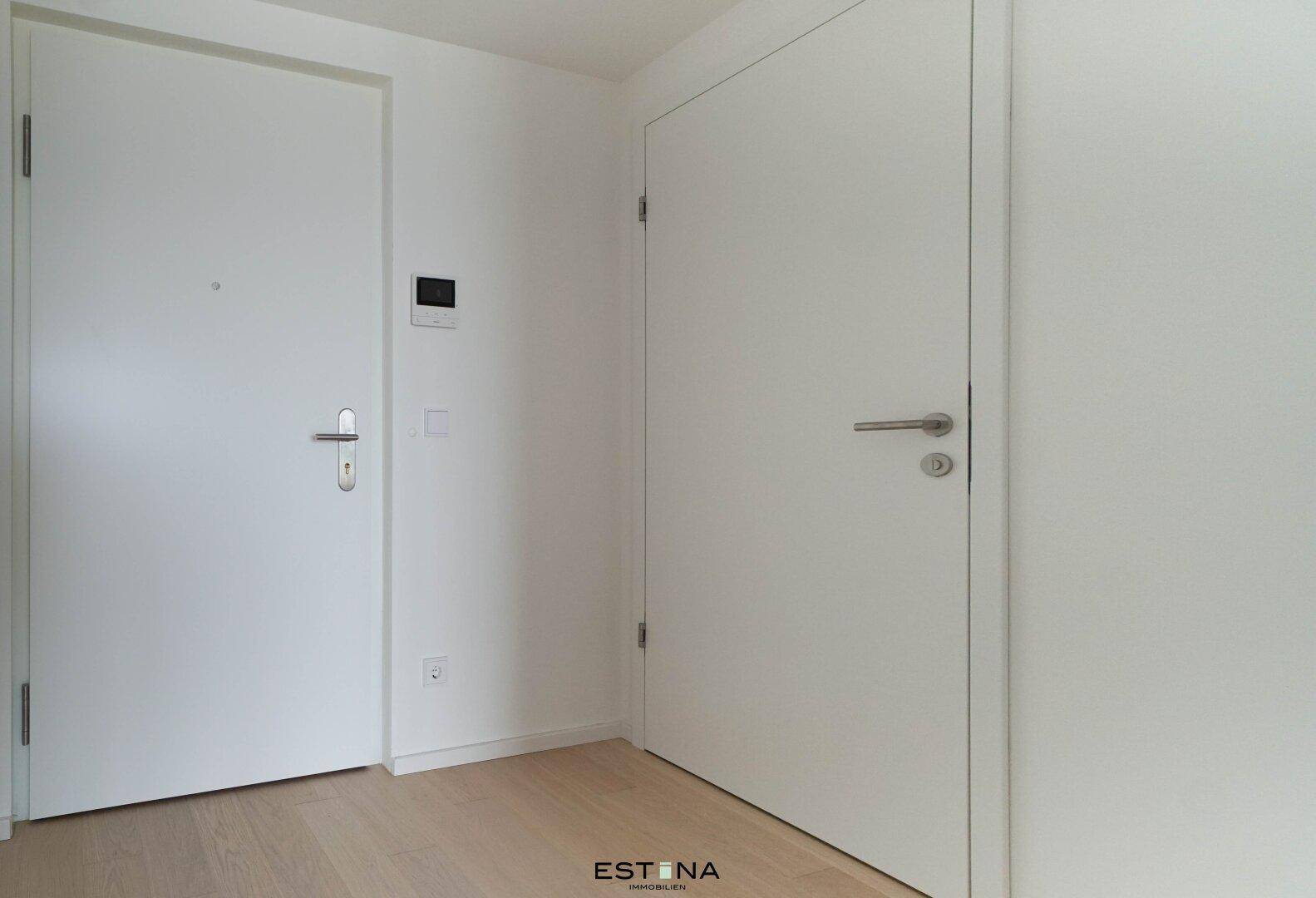 Heller Eingangsbereich mit Parkettboden und zwei modernen weißen Türen, die zu den Zimmern führen.