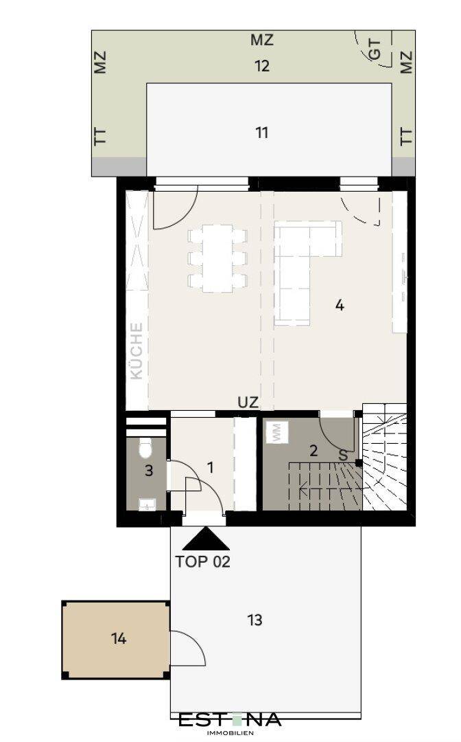 Grundriss des Erdgeschosses mit offener Küche, Wohnbereich und Zugang zur Terrasse.
